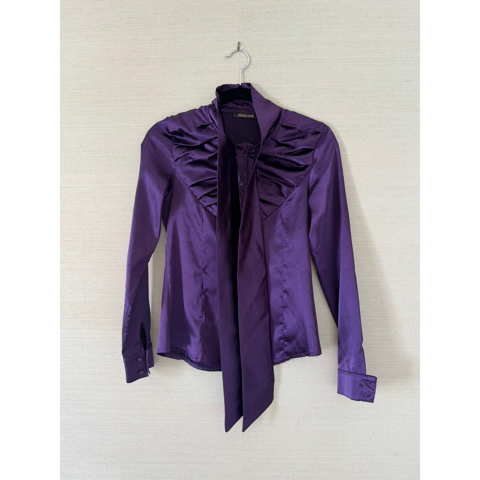 Roberto Cavalli Satin Ruffle Blouse In Purple Fits Size 2-4